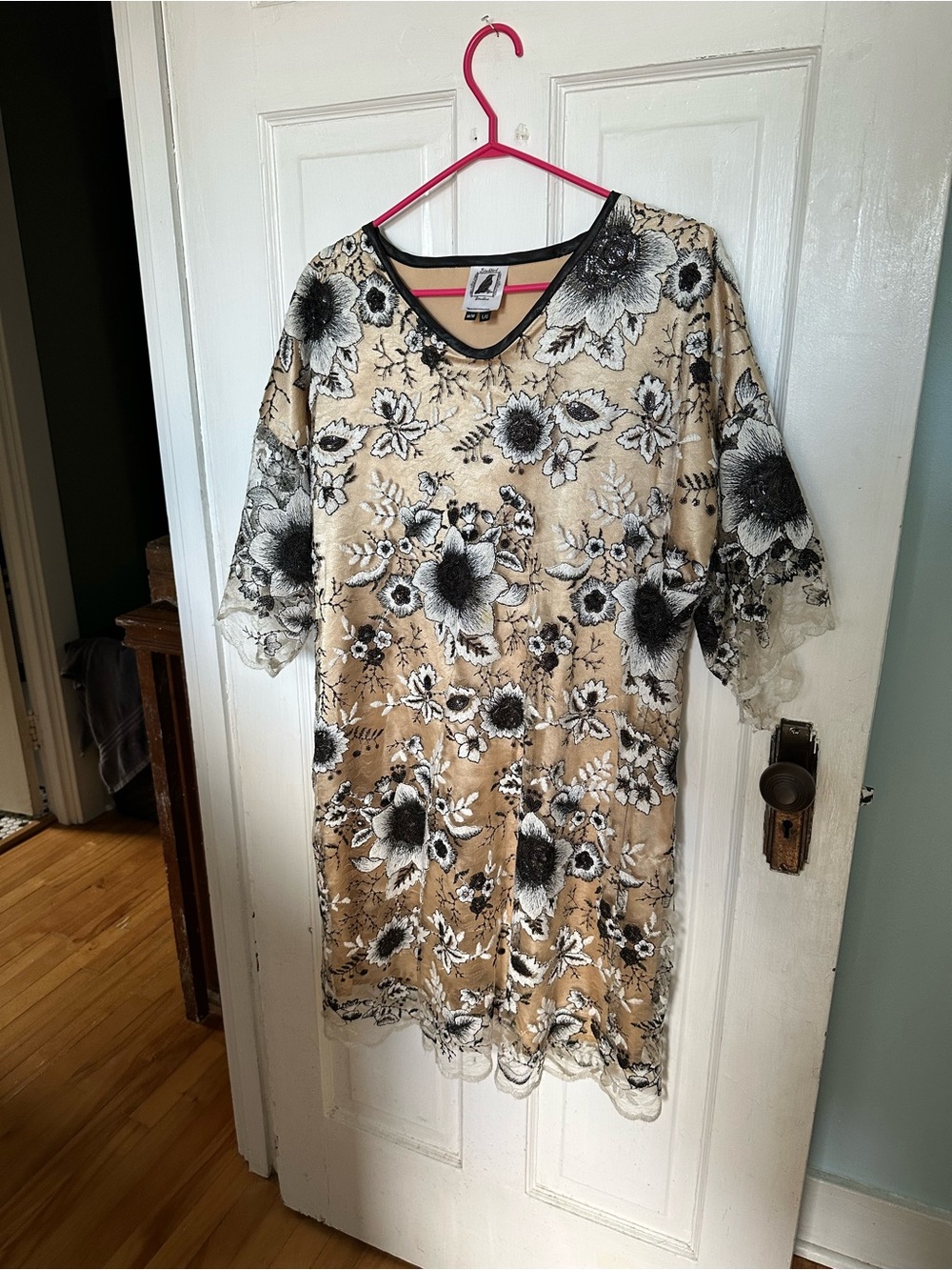 Made in Hamilton, On floral Lace Trim Women's Dress in Beige and Black